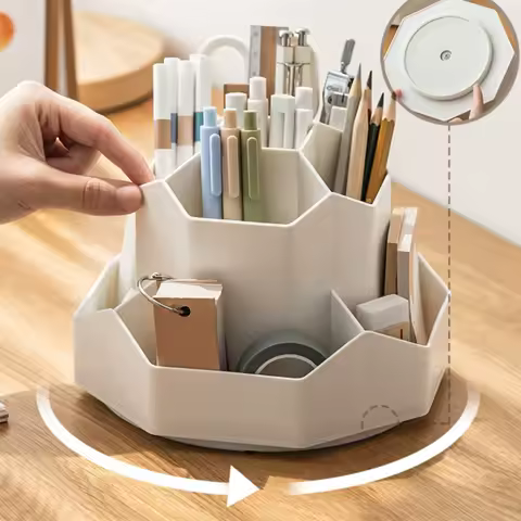 White/Pink Pen Stand 360&deg;Rotatable Pen Holder Large Capacity Desk Pencil Storage Box 9-Grid Stationery Organizer School Office