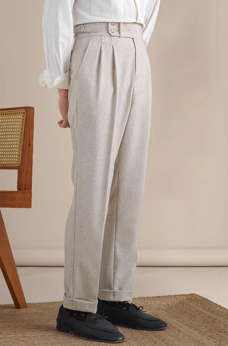 Naples Double Fold High Waist Linen Suit Pants For Men Summer Breathable Straight Leg Office Trousers Men Pantalon Costume Homme