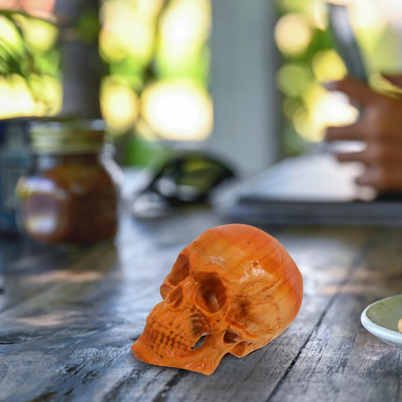 

2Pcs Carved Wooden Skull Head Statues Realistic Desktop Decor Miniature Wood Skulls for Home Office Decoration