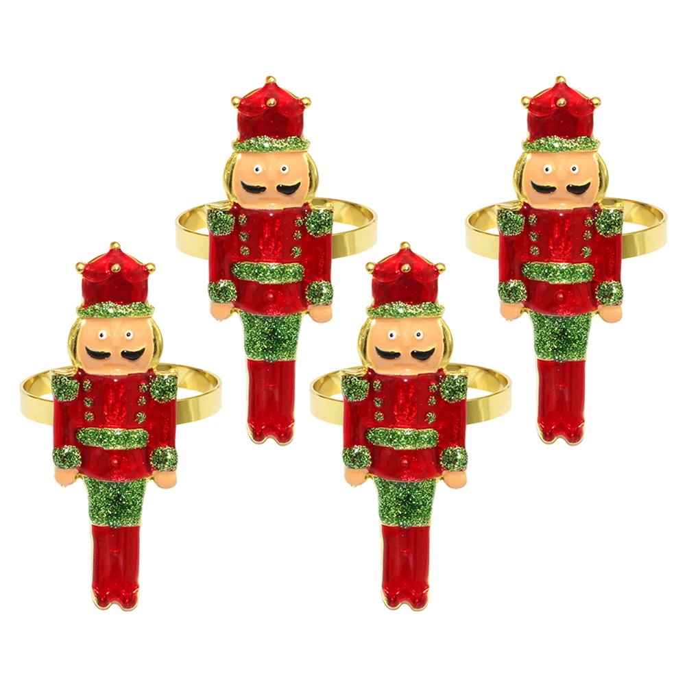 

4pcs Napkin Rings Christmas Nutcracker Holder Metal Decor Xmas Centerpiece Serviette Buckle Party