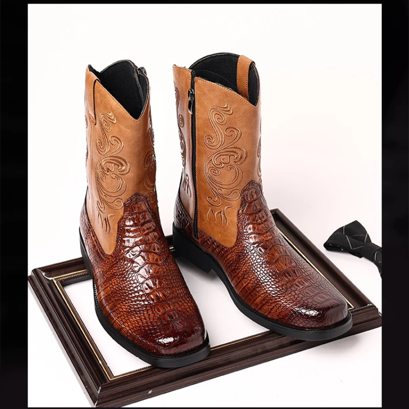 

Western Cowboy Boots for Men Brown Black Crocodile Pattern Mid-Calf Square Toe Zipper Men Boots Size 38-46