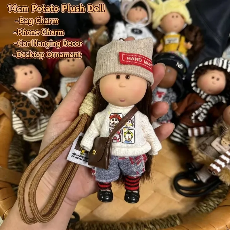 14cm Cute Vinyl Potato Figurine With Fashion Outfit Key Strap Keychain Hanging Decor Bag Accessory Gift