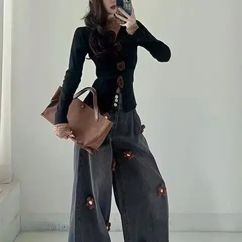 

Spring/Autumn 2025 New Style Retro Floral High-Waisted Slimming Wide-Fit Denim Pants