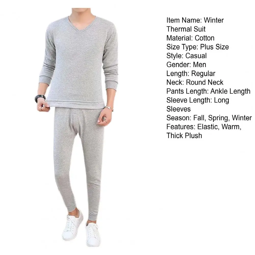 2 Pcs/Set Winter Men Thermal Underwear Set Round Neck Long Sleeve Warm Thick Plush Plus Size Slim Pajamas Set Homewear Clothing