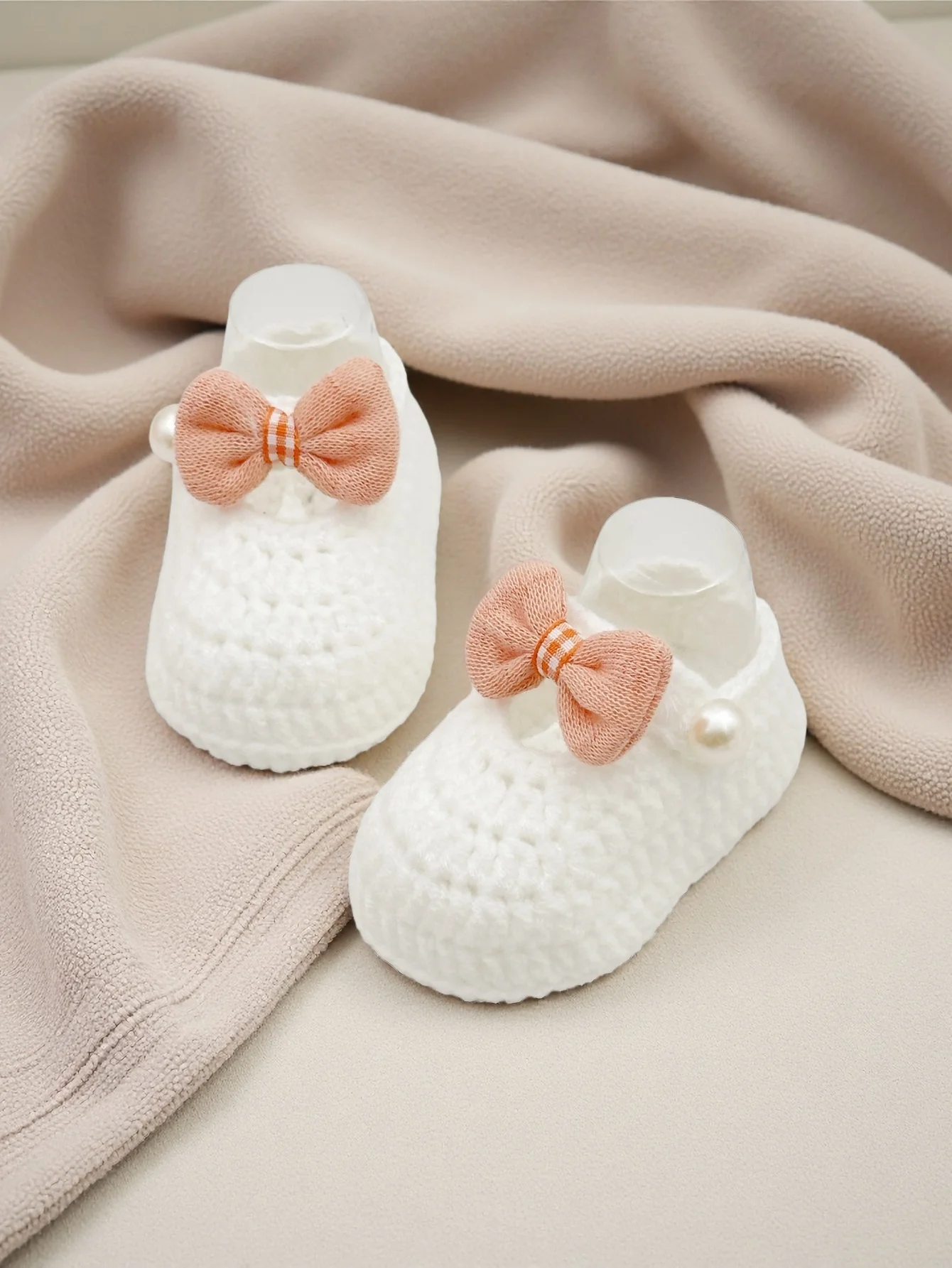 

1 Pair Infant Crochet Booties with Peach Bow, White Baby Shoes, Pearl Accent Soft Sole Slippers