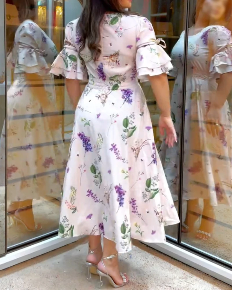 2025年夏新作 レディースワンピース 花柄プリント ハーフスリーブ シャーリング ハイウエスト カジュアル ラウンドネック ロングワンピース ベルト付き