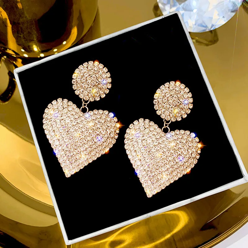 LATS New Heart Earrings Women\'s Luxurious Geometric Full Rhinestone Earrings Korean Gold Color Love 2020 Fashion Jewelry