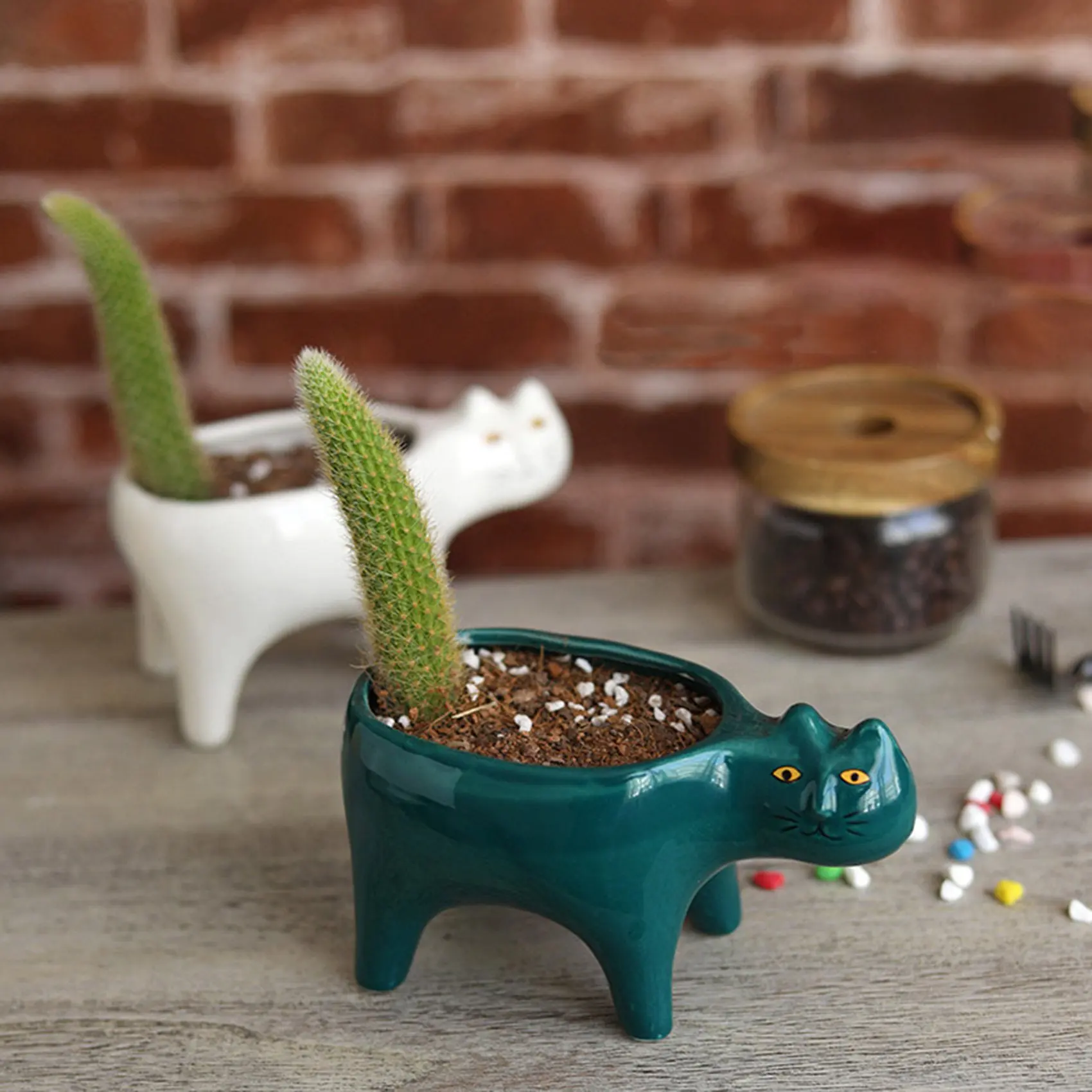 แมวน่ารักเซรามิคสวนดอกไม้หม้อภาพสัตว์กระบองเพชร Plant Planter Succulent Plant คอนเทนเนอร์ตกแต่งโต๊ะสีขาว