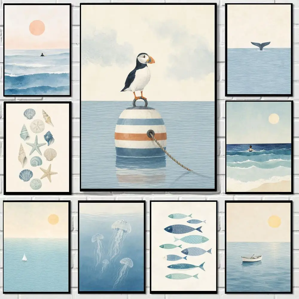 Minimalist Watercolor Ocean Animal Seascape Poster Art HD Advanced Aesthetic Printing Paper Wall Art for Living Room Home Decor