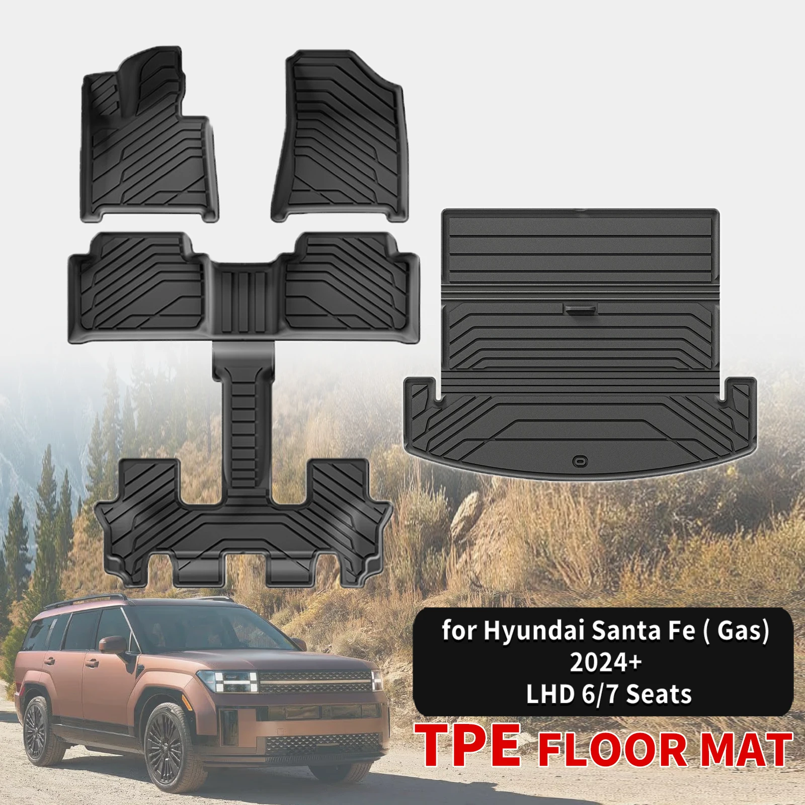 for Hyundai Santa Fe GAS LHD 2026-2024 (Non Hybrid) 6 & 7 Seats Eco-Friendly All-Weather Waterproof TPE Floor & Trunk Mats