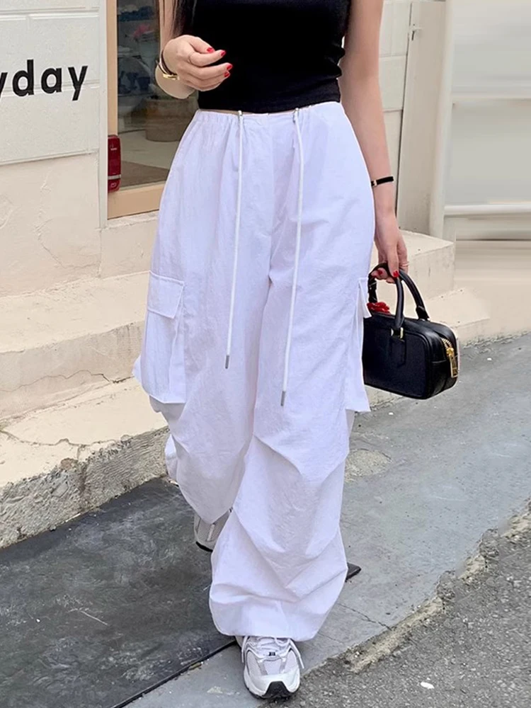 

Женские повседневные брюки с высокой талией, универсальные, с большими карманами и дизайном на шнурке, для города, летние, стильные