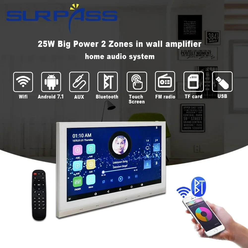 

WiFi in Wall Amplifier 10inch Bluetooth Touch Screen 8 Channel 25W Android System Audio Wall Tablet with Zone Control Playback