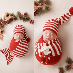 Christmas Newborn Striped Wrap for Photography Props X'mas Stretch Baby Wrap Pompom Hat Red Doll Newborn Photography Accessories