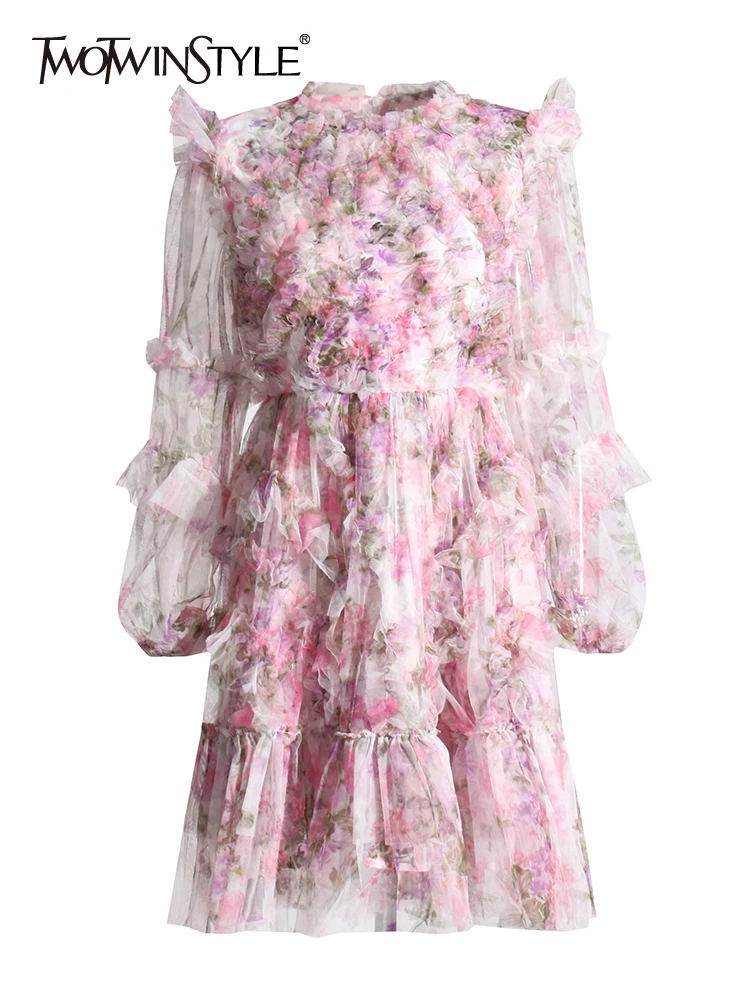 

TWOTWINSTYLE Colorblock Printing Elegant Dresses For Women Round Neck Long Sleeve High Waist Patchwork Folds Dress Female New