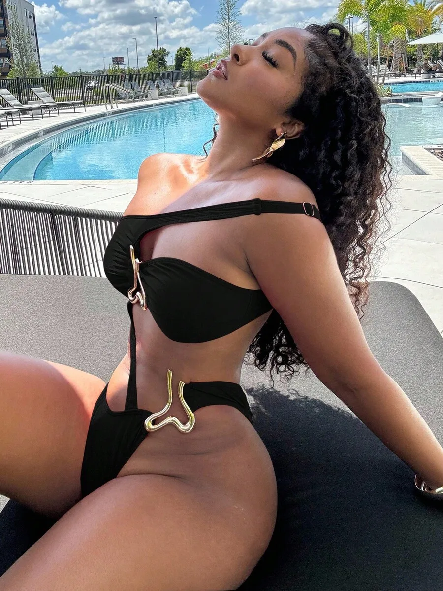 

Women Solid Metal Accent Asymmetrical Hollow Out One Piece Swimsuit Summer