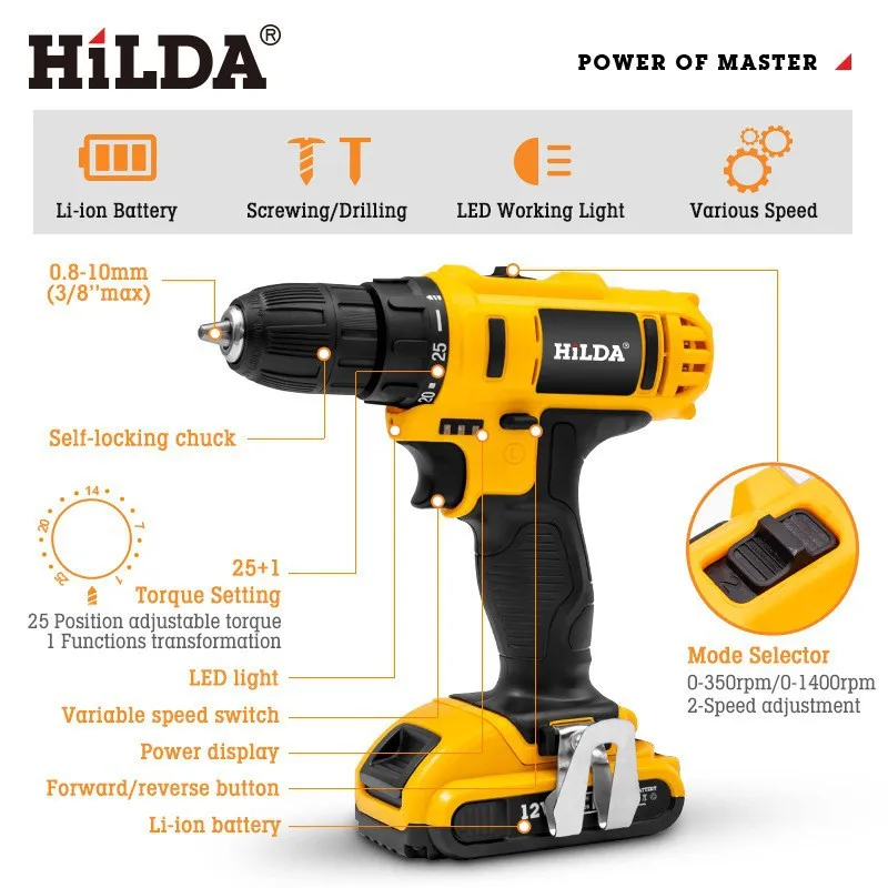 HILDA 21V Cordless Drill Electric Screwdriver  Wireless Power With Battery Driver Power Tools Yellow Drill