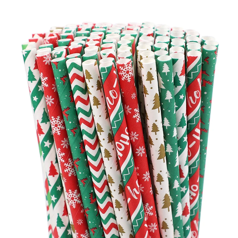 100/50Pcs Christmas Disposable Paper Straws Xmas Coffee Juice Drinking Straw Christmas Party Decoration For Home 2026 New Year
