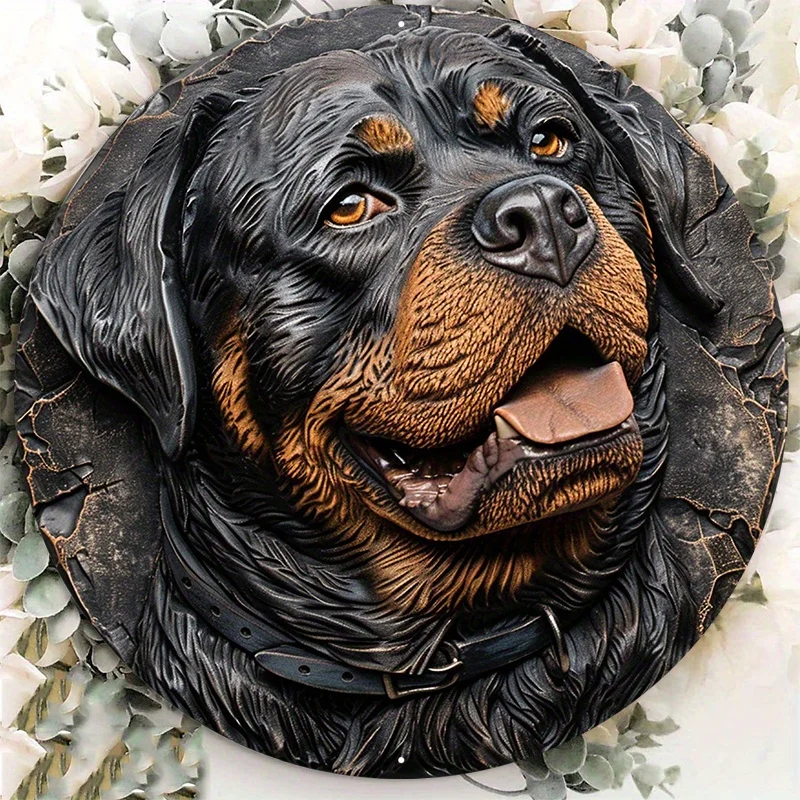 

Large Round Aluminum Metal Sign, Decorative Rottweiler Dog Sculpture, Resin Coated, Weather Resistant, Door Hanger, 8x8in, 1PC