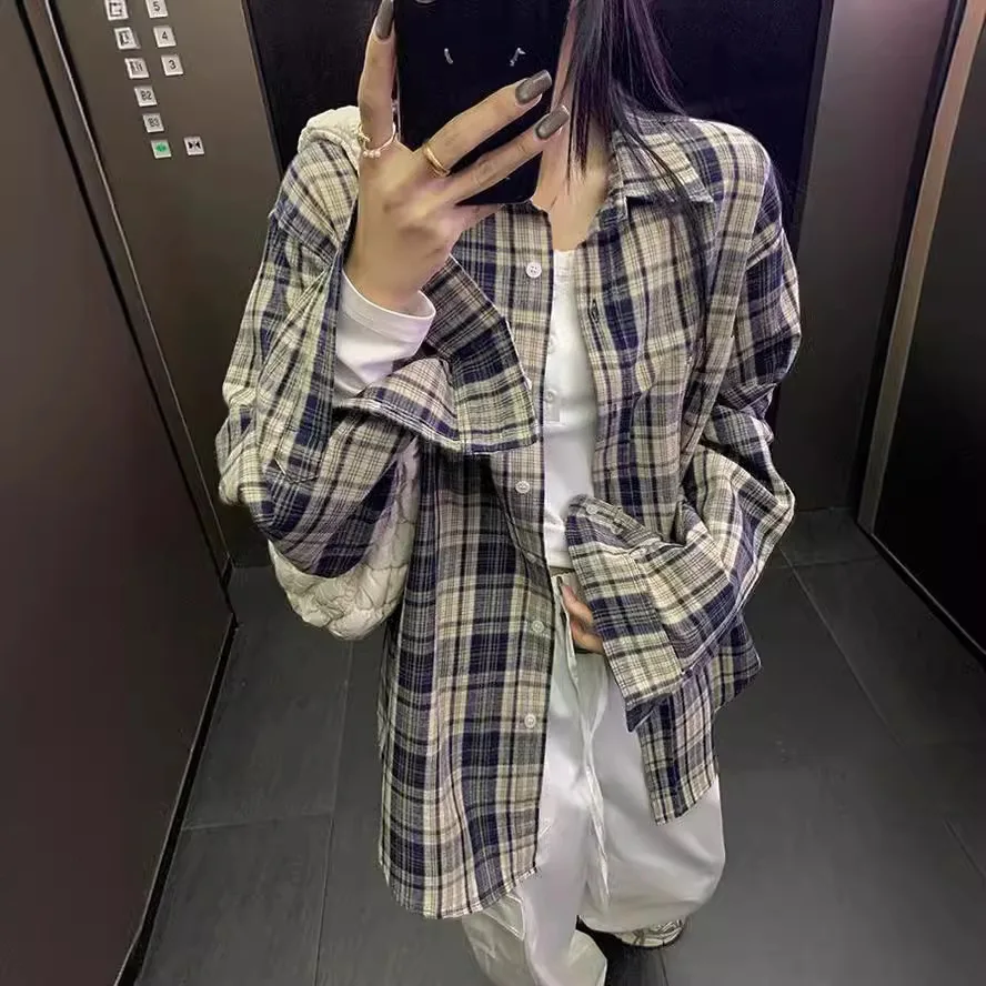 

2024 New Spring/Summer Retro Casual Loose and Lazy Versatile Slim Contrast Color Checkered Shirt for Women