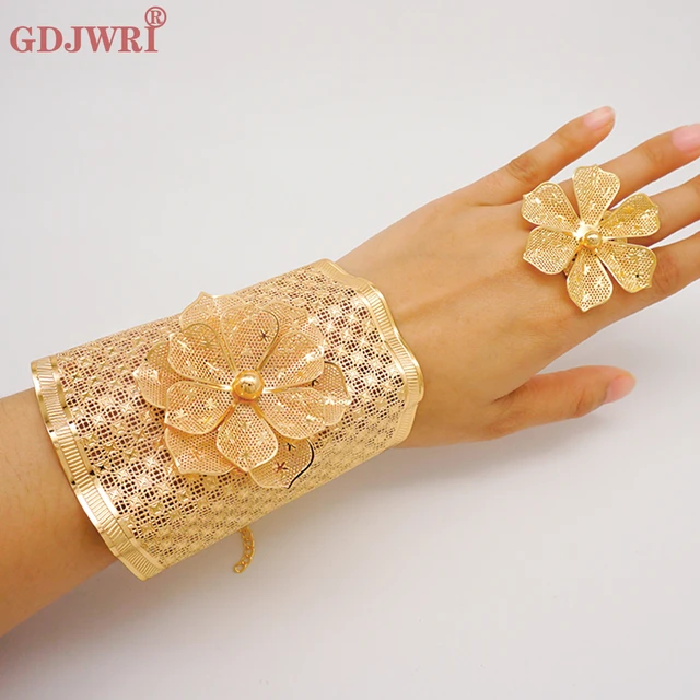 Fashion Indian Gold Color Flower Bangles With Ring Dubai Bride Wedding Party Big Bracelet Jewelry Gifts Arabic Charm Bangles AliExpress