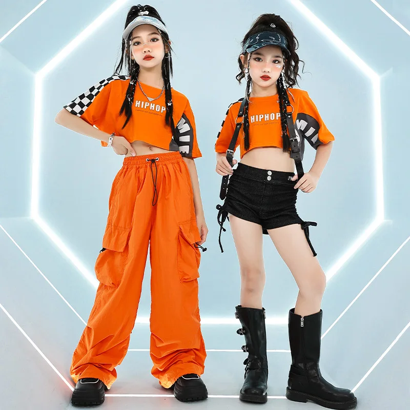 Jazz Dance Clothes for Girls Kpop Orange Crop Tops Pants Summer Short Sleeve Hip Hop Dance Costume Teenagers Performance Outfits