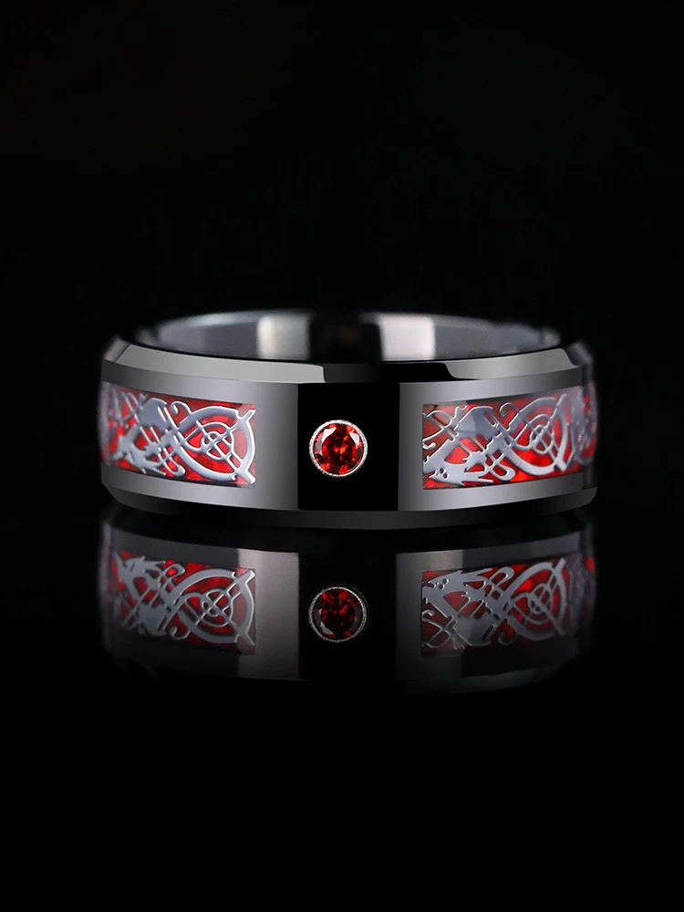 Custom 8mm Width Black Tungsten Ring Inlay Dragon Pattern Carbon Fiber&Red CZ Stone for Boyfriend Gift Size 7-12 Can Engrave