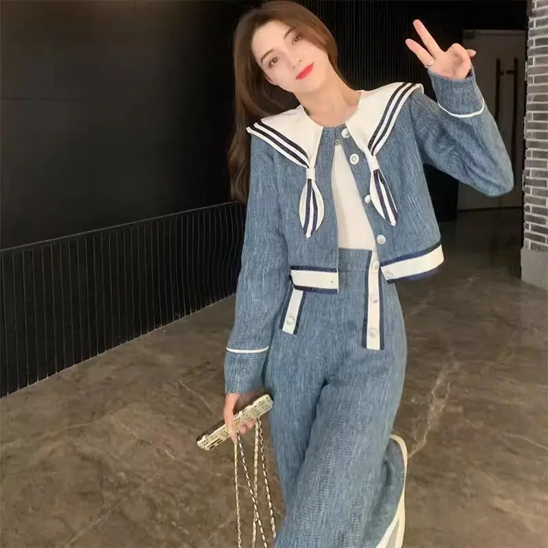 Spring Fashion Elegant Peter Pan Collar Coat Chic Vintage Women Jacket Top High Waist Long Pants New Two Pieces Set Tracksuits