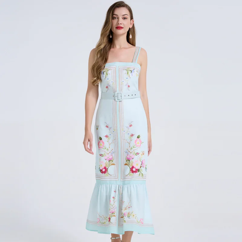 

Women's Blue Floral Print Maxi Dress Spaghetti Strap Backless Belt Bodycon Mermaid Long Dress 2026 Summer Casual Beach Sundress