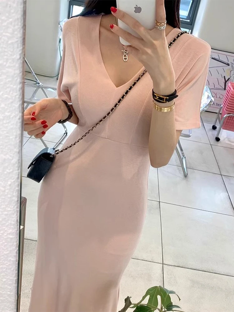 エレガントな夏の新スタイル V ネック痩身膝丈半袖フィッシュテールドレス女性のファッション通勤コットンドレス