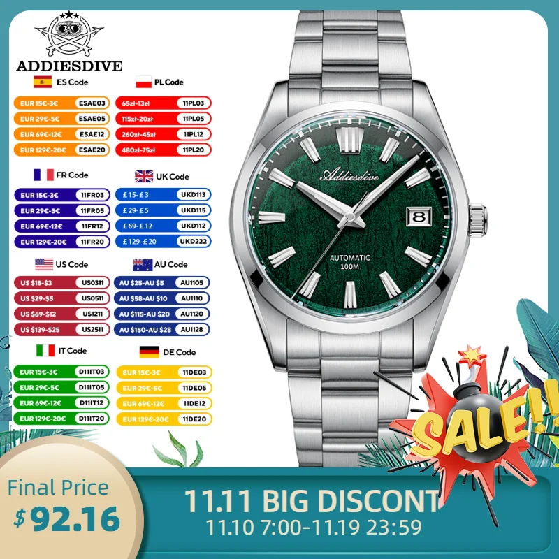 ADDIESDIVE 2024 Luxury Automatic Watches For Men NH35 Sapphire Glass 3D Bark Texture Dial Stainless Luminous Mechanical Watch