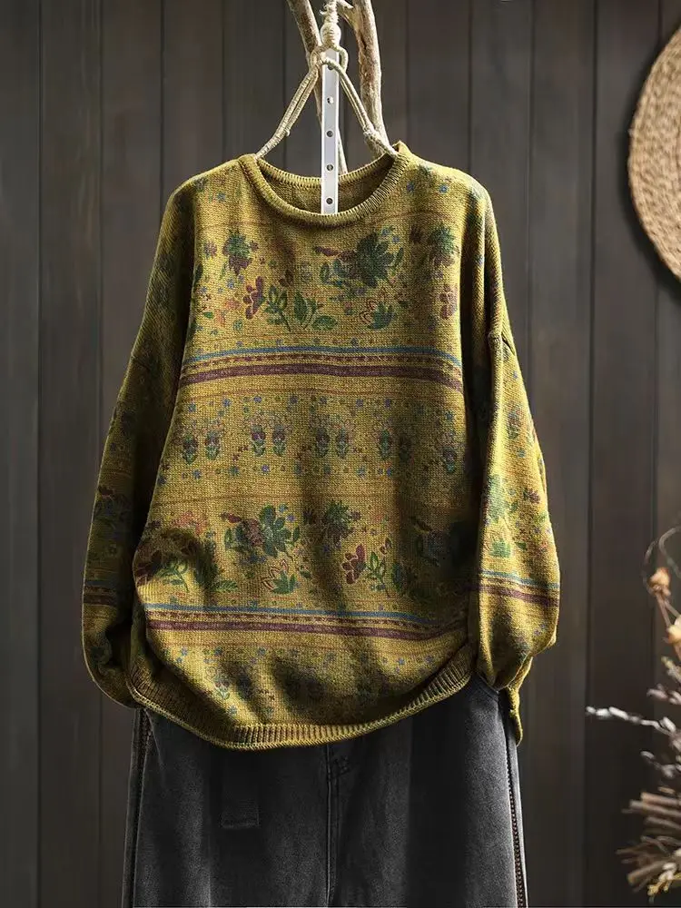 Women Retro Cotton Thread Printed Pullover Knitted Sweater Female Round Neck Loose Casual Long Sleeved Top Artistic Sweater