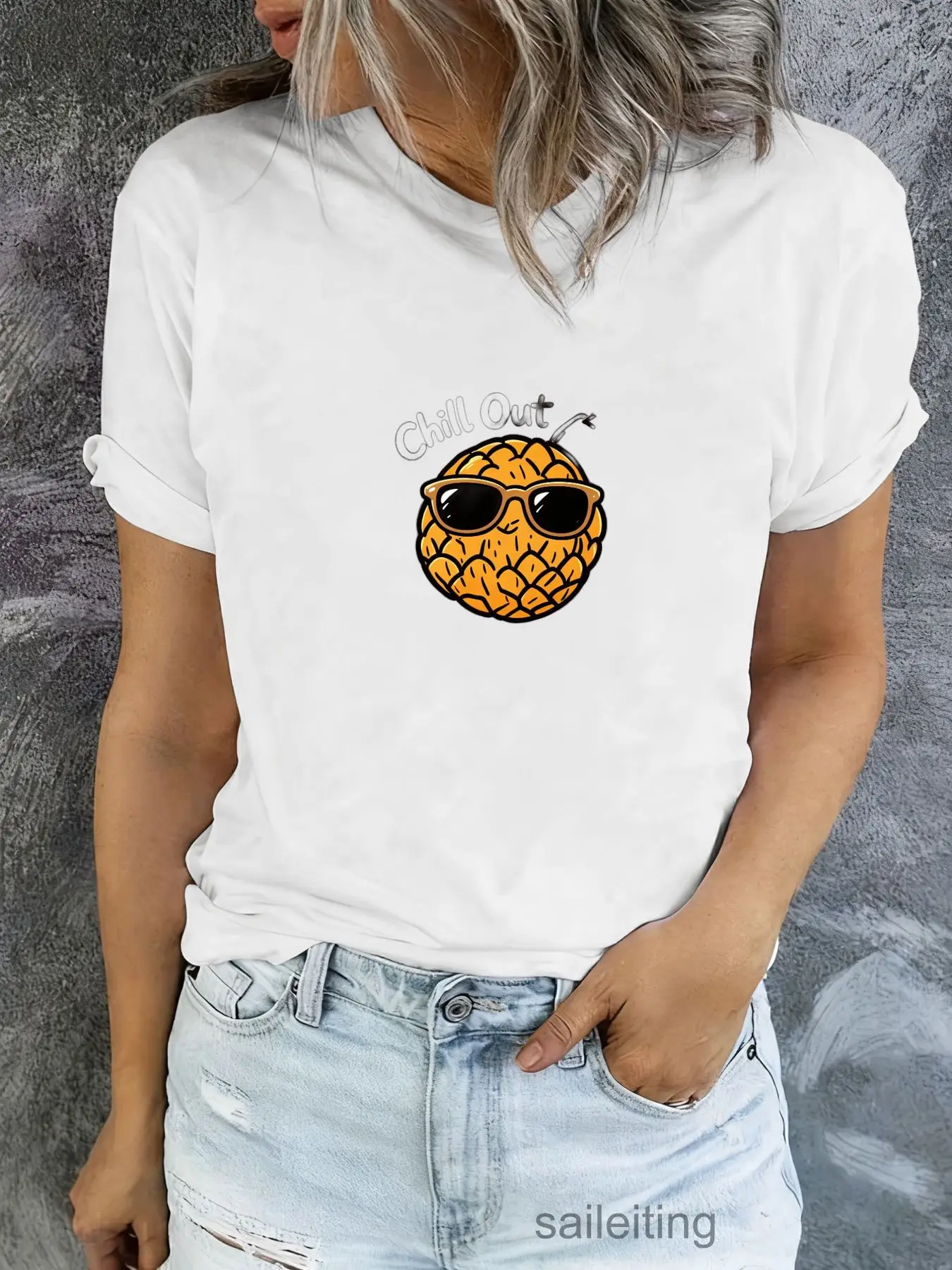 Chill Out Orange Fruit Sunglasses T-Shirt - Funny Cartoon Pineapple Graphic Tee, Casual Short Sleeve Summer Breathable Top fo