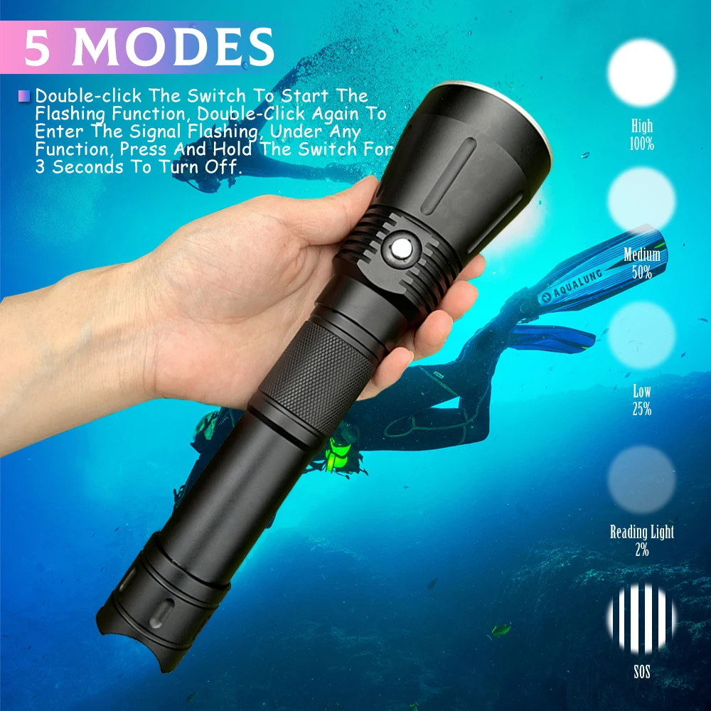 Asafee 50M Diving Flashlight XHP70/SST70 LED 4000LM Press Switch IPX8 Waterproof Scuba Torch 5 Modes Battery Display