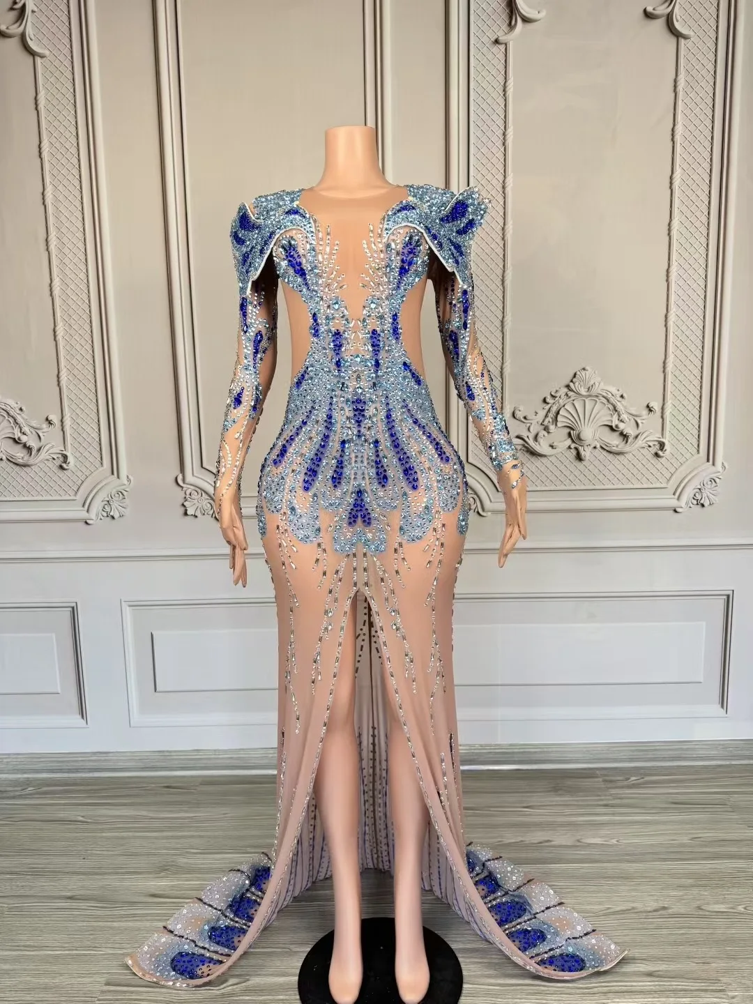 

Новое сетчатое платье со шлейфом и высоким разрезом со стразами для ночного клуба, бара, диджея, сценические костюмы, одежда Drag Queen, вечернее платье DN21400