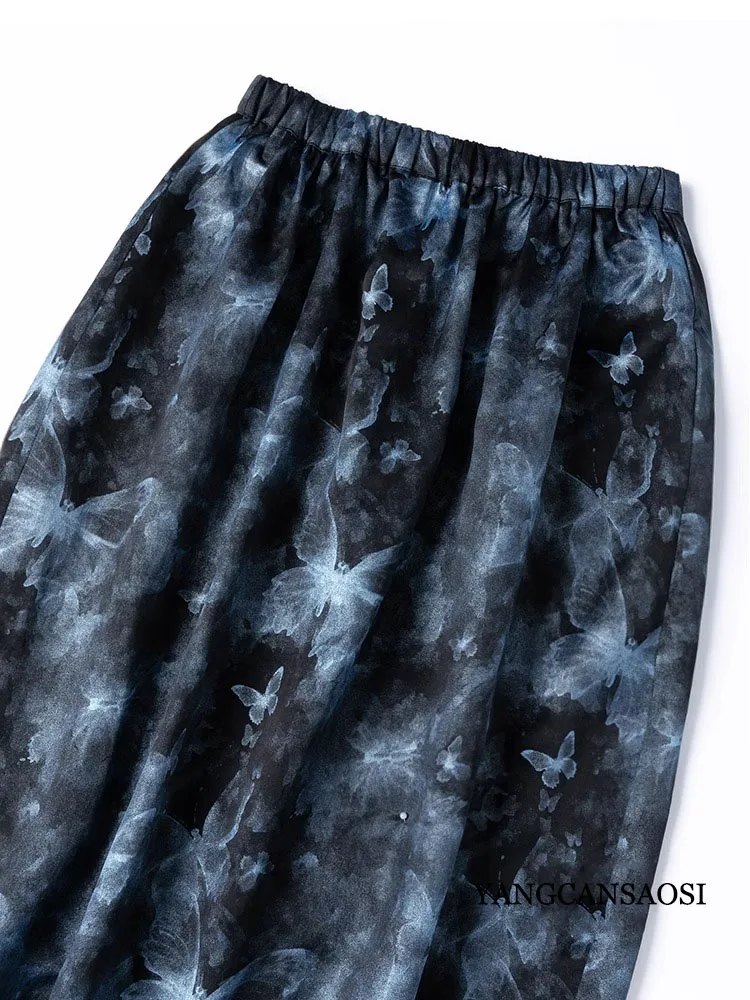 High-level 100% Natural Mulberry Silk Turtle Crack Fragrant Cloud Yarn Cocoon Shaped Women's Fashionable Blue Butterfly Skirt