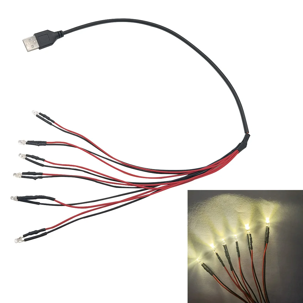 USB Port with 5mm Pre-wired Round LED Model Light LED Light-Emitting Diode Red Green Blue For DIY Night Light Manual Light