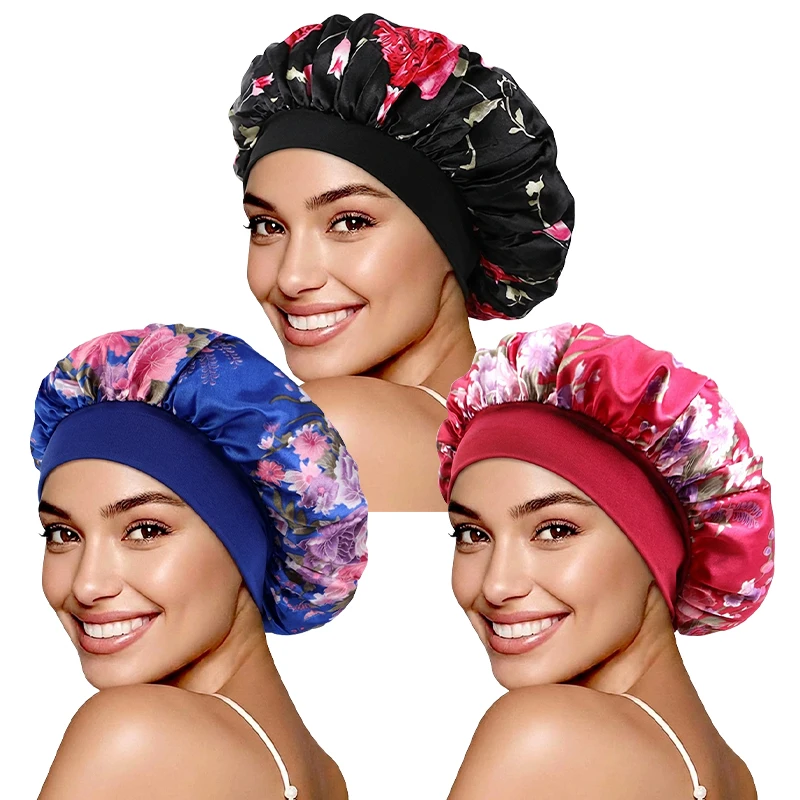3PCS Women Floral Print Satin Hair Bonnet Wide Elastic Band Sleep Cap Silky Night Hat for Curly Braid Hair Care Head Cover