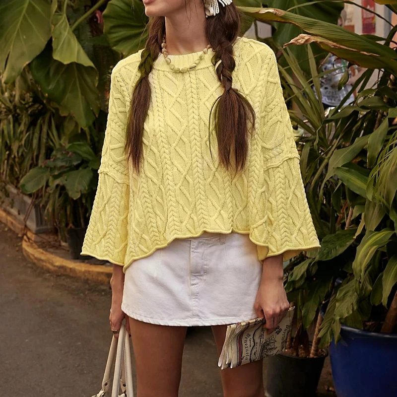 

Women Casual Stylish Texture Cropped Sweater Jumpers Solid Color Knitwear Ribbed Round Neck Long Sleeve Loose Pullover Tops