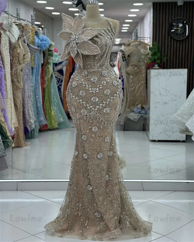 Arabic Beaded Crystals Evening Dress Customized Mermaid 3D Flower Long Prom Dresses Formal Party Second Reception Gowns Aso Ebi