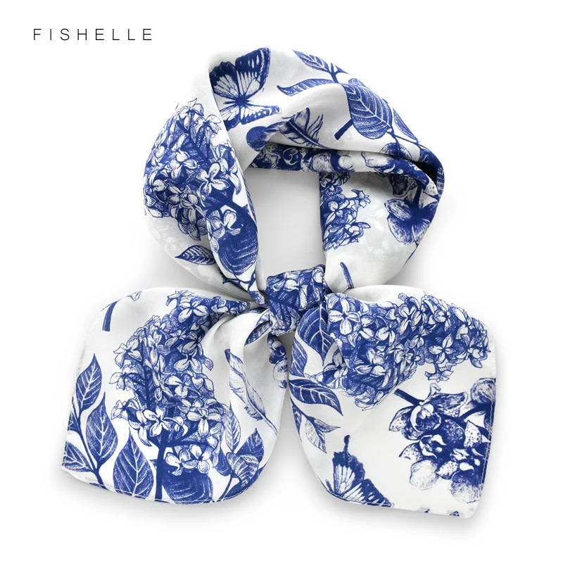

Blue Patterned Luxury 100% Silk Square Scarf Shawl Wrap Thin Neckerchief Crepe De Chine Female Headband Elegant Gift for Women
