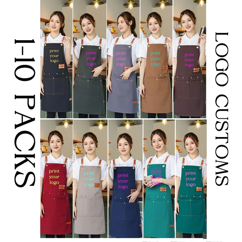

Холщовые фартуки с индивидуальным логотипом, 1-10 упаковок, кухонные фартуки шеф-повара, рабочие фартуки для мужчин и женщин, водонепроницаемые фартуки с 4 карманами