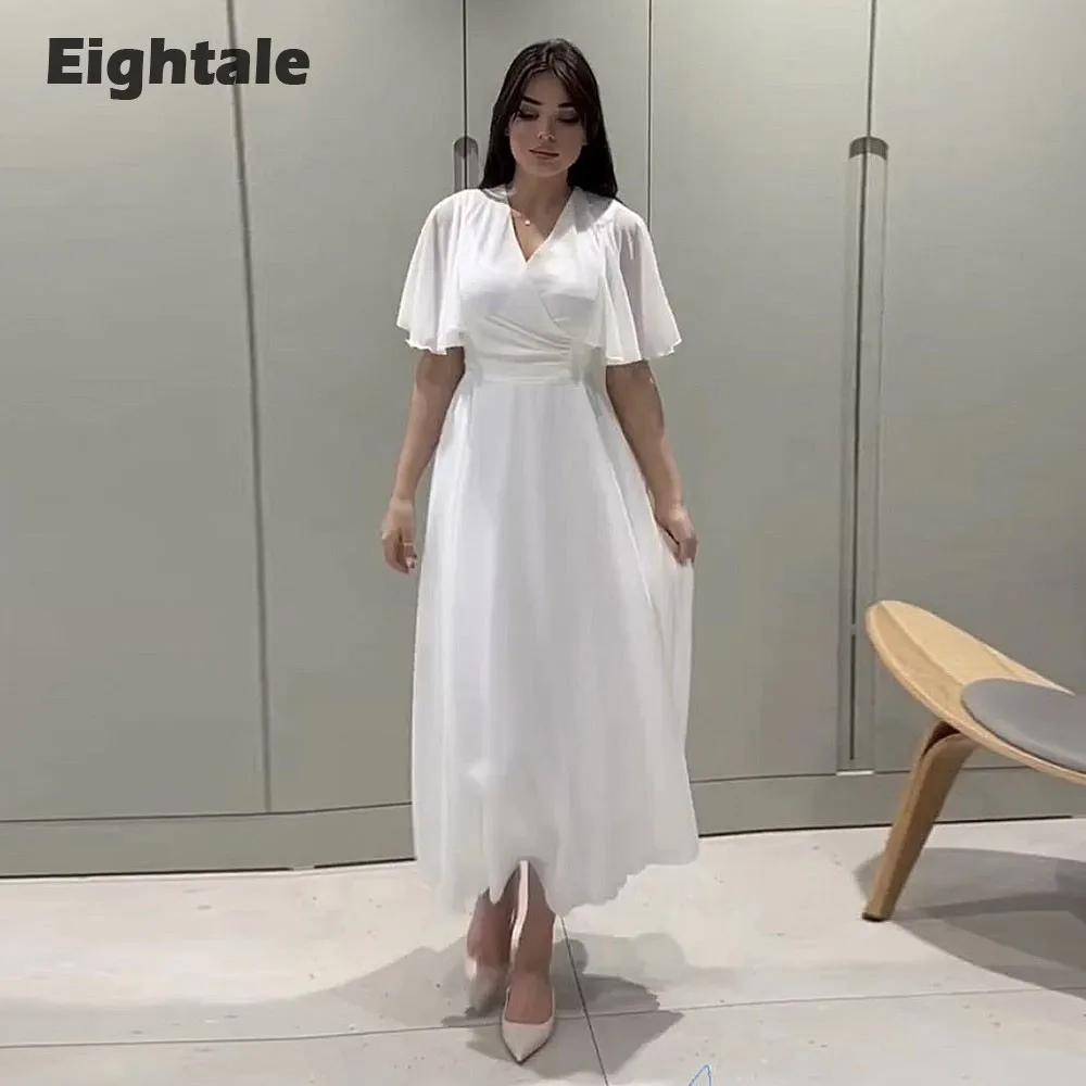 

Eightale Elegant Evening Dresses V-Neck White Chiffon Short Sleeves Arabic Formal Wedding Party Prom Gown Vestidos De Noche