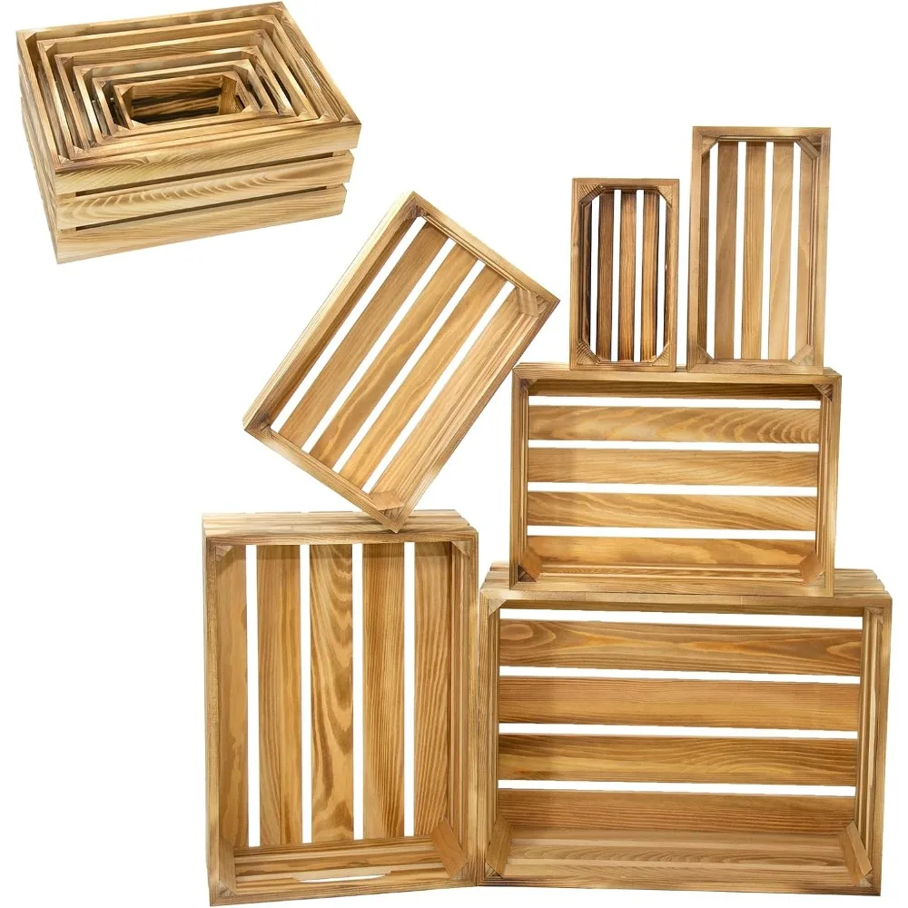 6 Pcs Decorative Wood Crates for Display, 6 Size Large Farmhouse Wooden Basket for Storage Container and Decorations