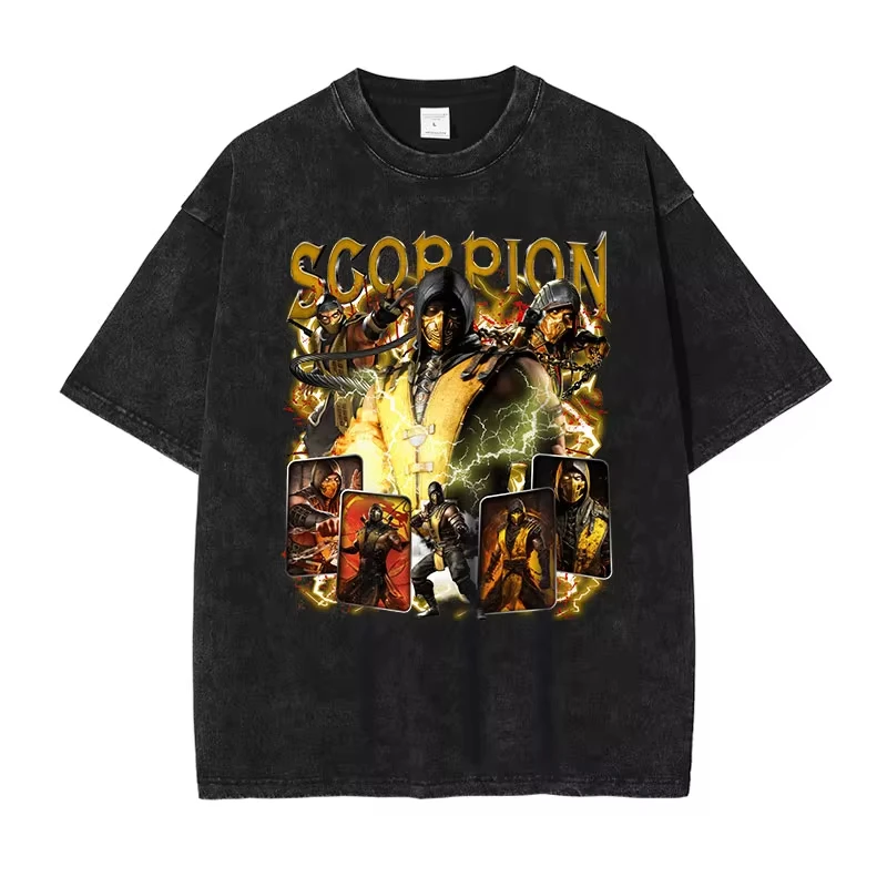 Mortal Kombat T Shirt Pc Fighting Games Scorpion Sub zero Vintage Washed Tops Tees Hip Hop Short Sleeve Oversized T-shirt Cotton