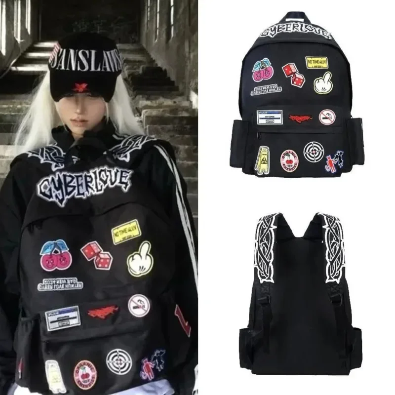 

Embroidery Punk Thorn Backpacks Mock Graffiti Letter Sticker Cloth Backpack Y2K Fun Splicing Student Large Capacity Backpack New