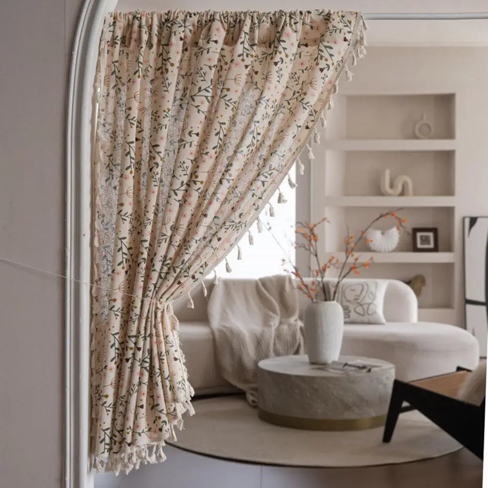 ستائر هامشية مطبوعة من القطن والبوليستر ستائر نوافذ شبه قابلة للتعتيم مع شرابات ستائر من القطن والكتان لغرفة النوم #2