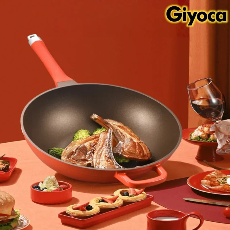

Giyoca 32cm Titanium Coating Wok Non-Stick Frying Pan Low-smoke Saucepan Die-casting Integrated Flat Bottomed Pan Kitchen Cooker