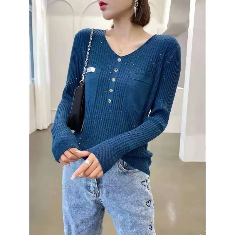 Autumn and Winter Women's Pullover V-neck Button Pockets Slim Solid Underlay Fashion Casual Elegant Commuter Long Sleeve Tops