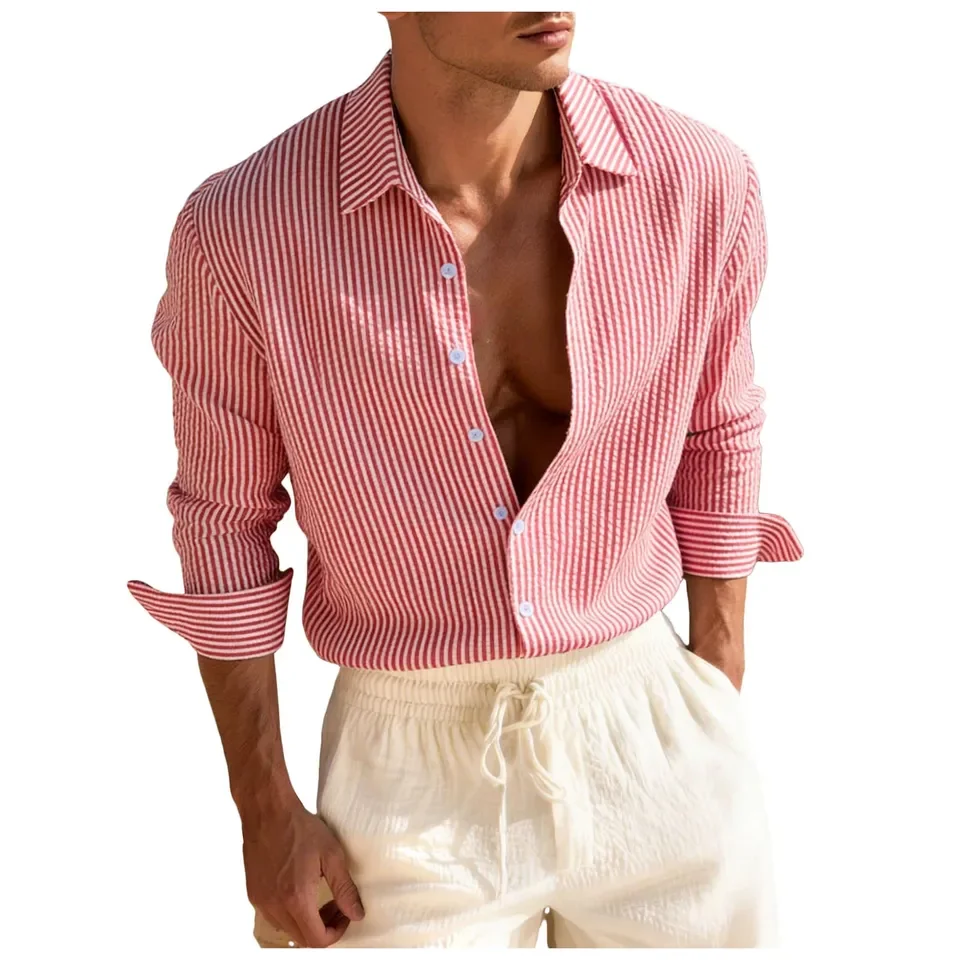 Fashion Striped Men's Shirt Summer Casual Long Sleeve Tops Single-Breasted Classic Shirts Men's Clothing Hawaiian Beach Shirt