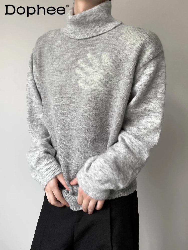 

Осень 2024, новая мода, вязаные свитера с высоким воротником, мужские свободные удобные пуловеры, свитера, однотонные шикарные трикотажные изделия с длинными рукавами